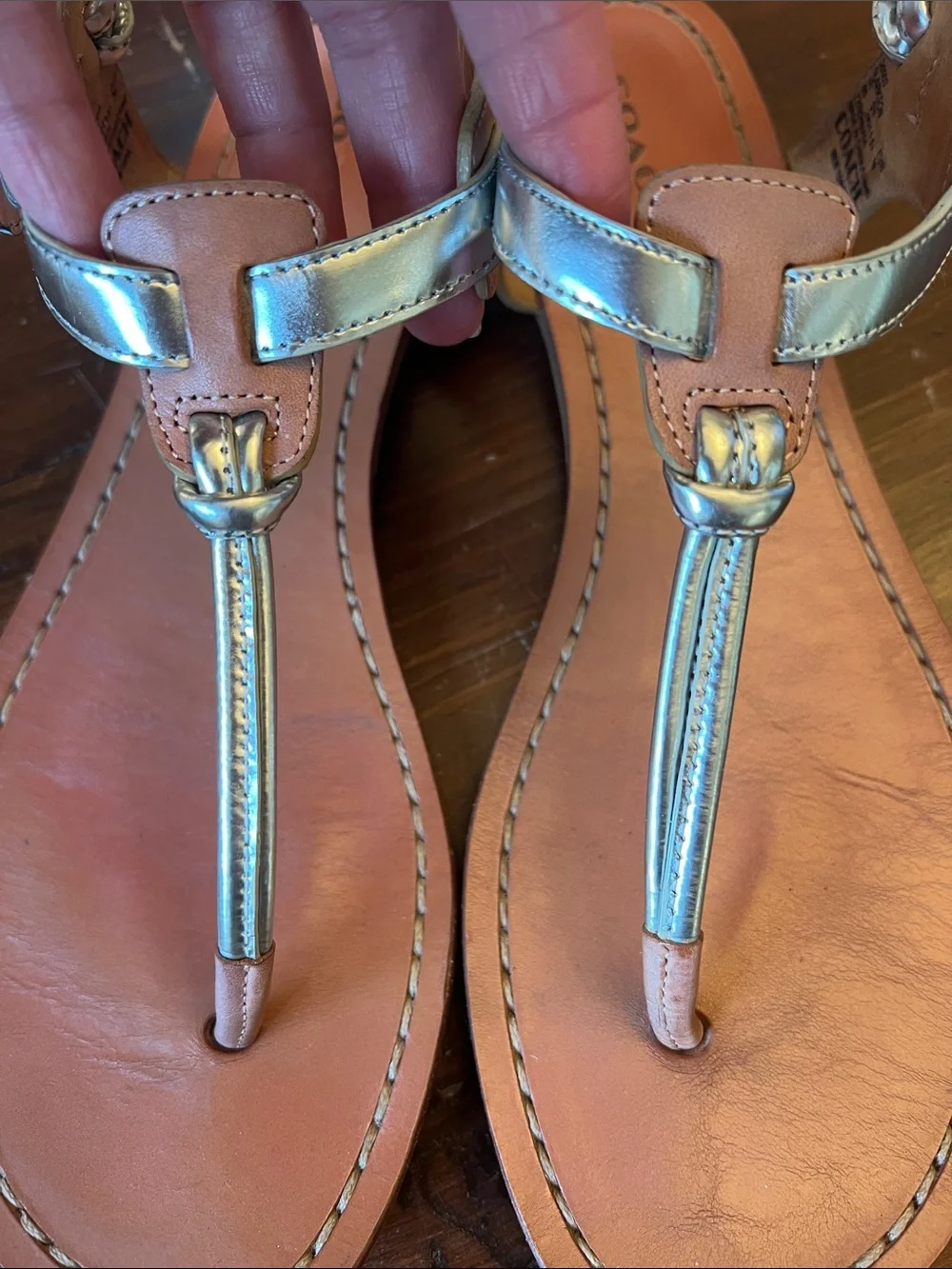 Coach Metallic Silver Leather T-Strap Sandals with Tan Footbed